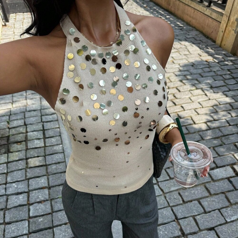 Women's Sequin detailed Knit Tie Backless Halter Top - Picture 4 of 6